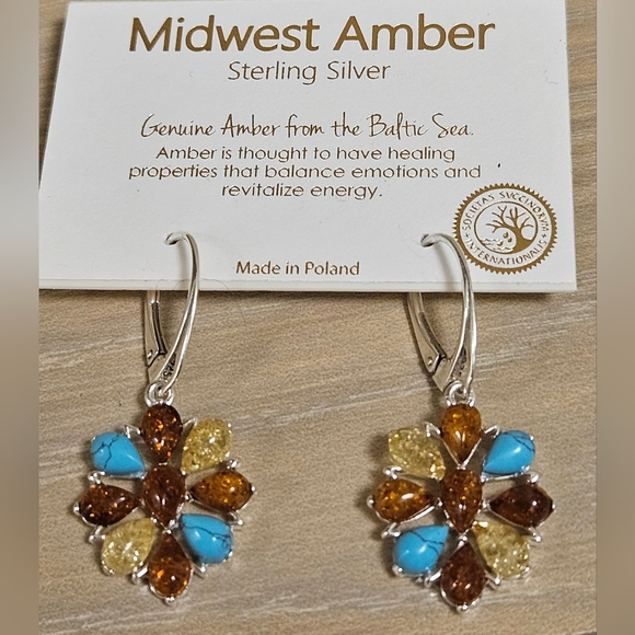 MIDWEST AMBER STERLING SILVER GENUINE AMBER BALTIC SEA TURQUOISE FLOWER EARRINGS - Picture 2 of 6